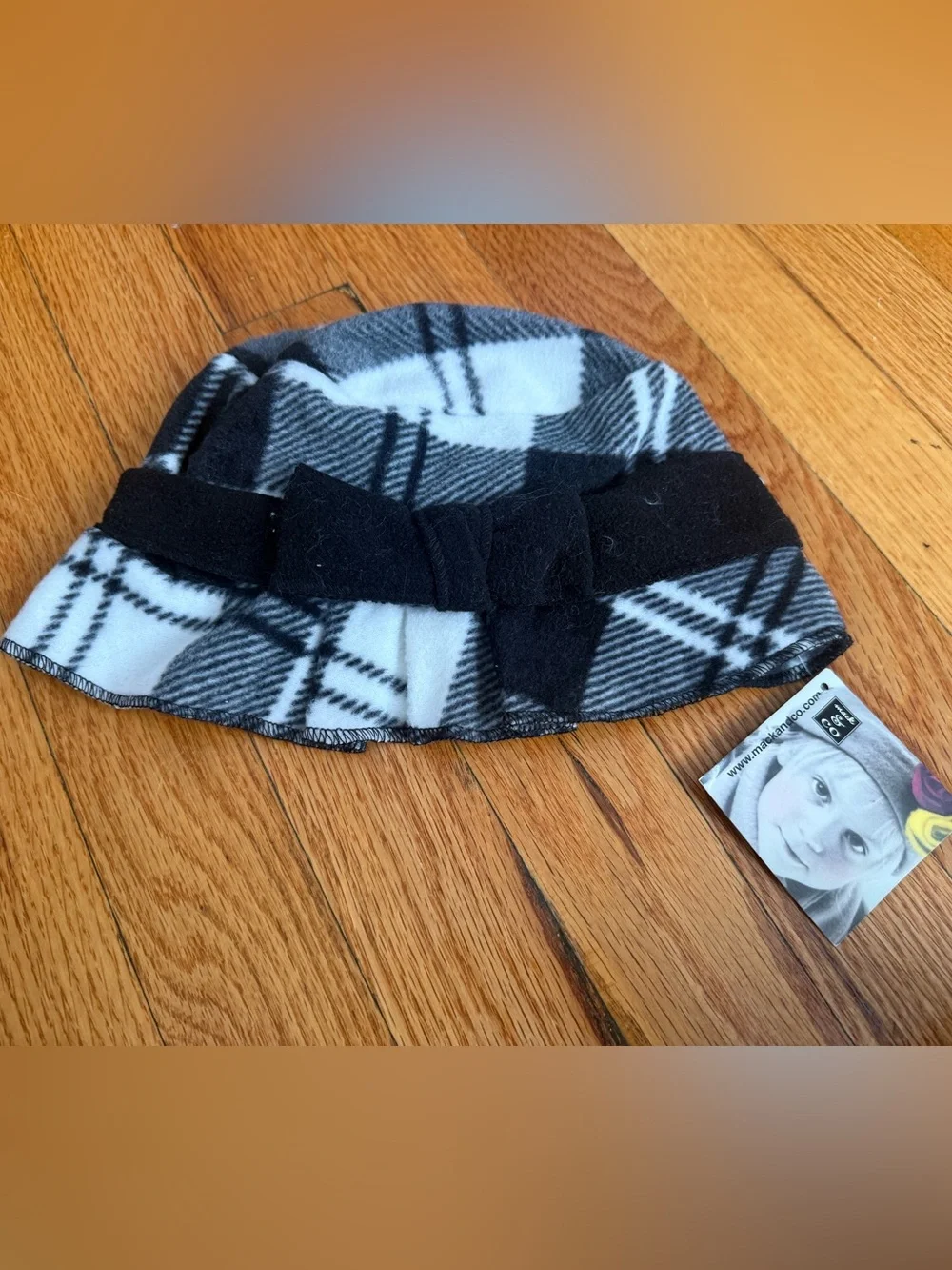 Kids Black & White Plaid Fleece Hat with Bow